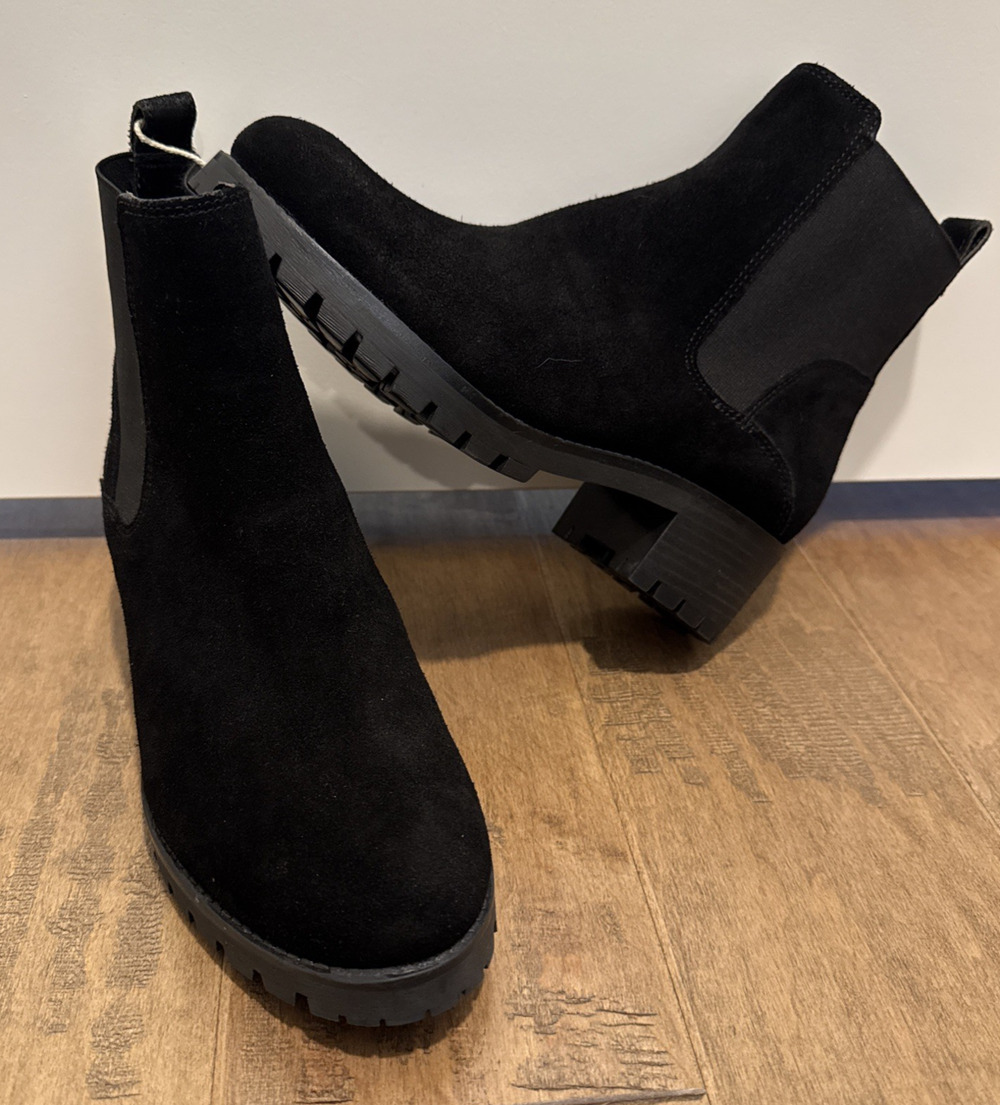 Joie Womens Chelsea Boot Size 7 Black Suede Block Heel Bootie Lug Sole Comfy